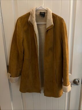 Hilary Radley Mustard Brown Suede Shearling Trench Coat
